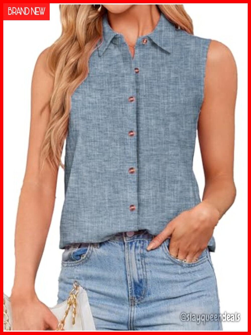 Sleeveless Button Down Shirt Women Collared V Neck Blouse